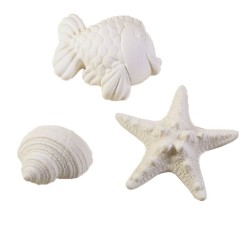 Lot de mini plâtres Musc blanc : coquillage, étoile de mer, poisson. Les Savonneries du Soleil