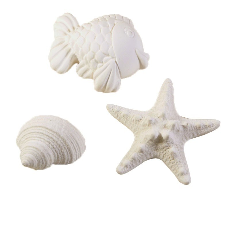 Lot de mini plâtres Musc blanc : coquillage, étoile de mer, poisson. Les Savonneries du Soleil