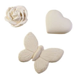 Lot de mini plâtres Musc blanc : cœur, papillon, rose. Les Savonneries du Soleil