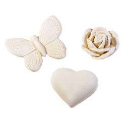 Lot de mini plâtres Fleur de coton : cœur, papillon, rose. Les Savonneries du Soleil